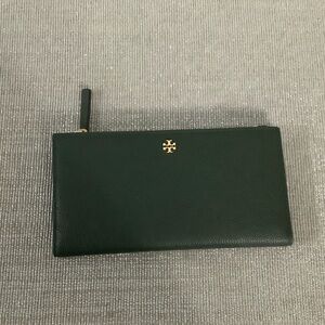Tory Burch Leather Clutch with Gold Logo olive color